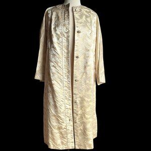 1960s Ivory Butterfly Brocade Maxi Evening Coat Made in Hong Kong